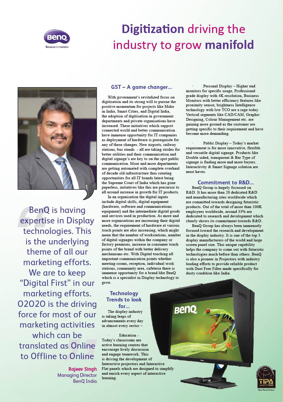 Benq: Digitization driving the industry to grow manifold