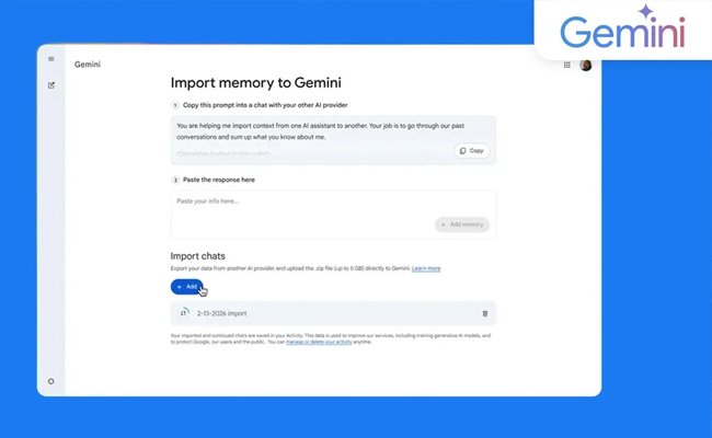 Gemini adds tools to import chats and data from other AI platforms